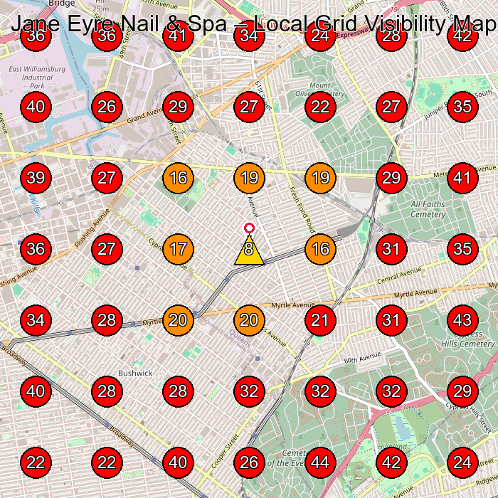 Jane Eyre Nail & Spa GeoGrid visibility map for Nail Salon in Queens
